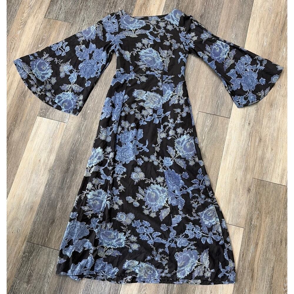 Free People Melrose Floral Maxi Dress Womens 4 Blue Bell Sleeve Boho